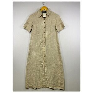 Linen Coastal Harve Benard Womens Petite Small Beige Button Front Maxi Dress